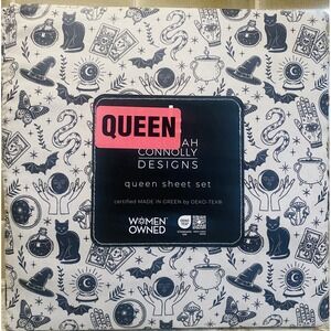 Deborah Connolly Designs Queen Sheet Set Halloween Black Cat Cauldron Tarot NWT